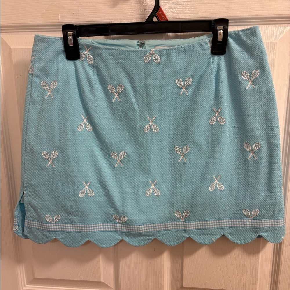 blue embroidered Lilly Pulitzer tennis skirt, scalloped hem with gingham trim.